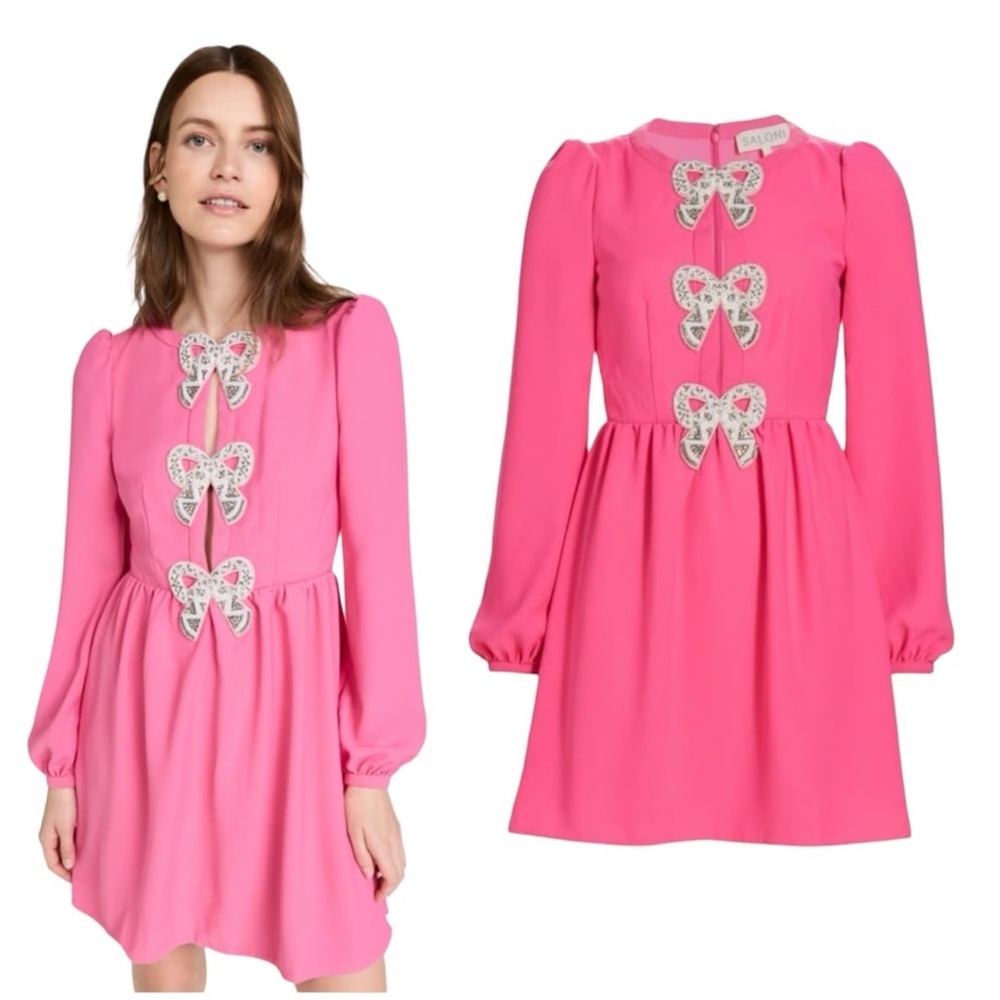Saloni Camille crystal-bow mini dress in bubblegum pink crepe size 0